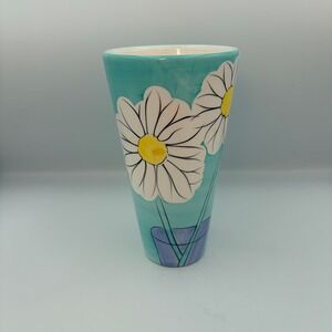 Napco Aqua Blue Daisy‎ Floral Ceramic Tapered Vase 8 Inch Retro Cottagecore